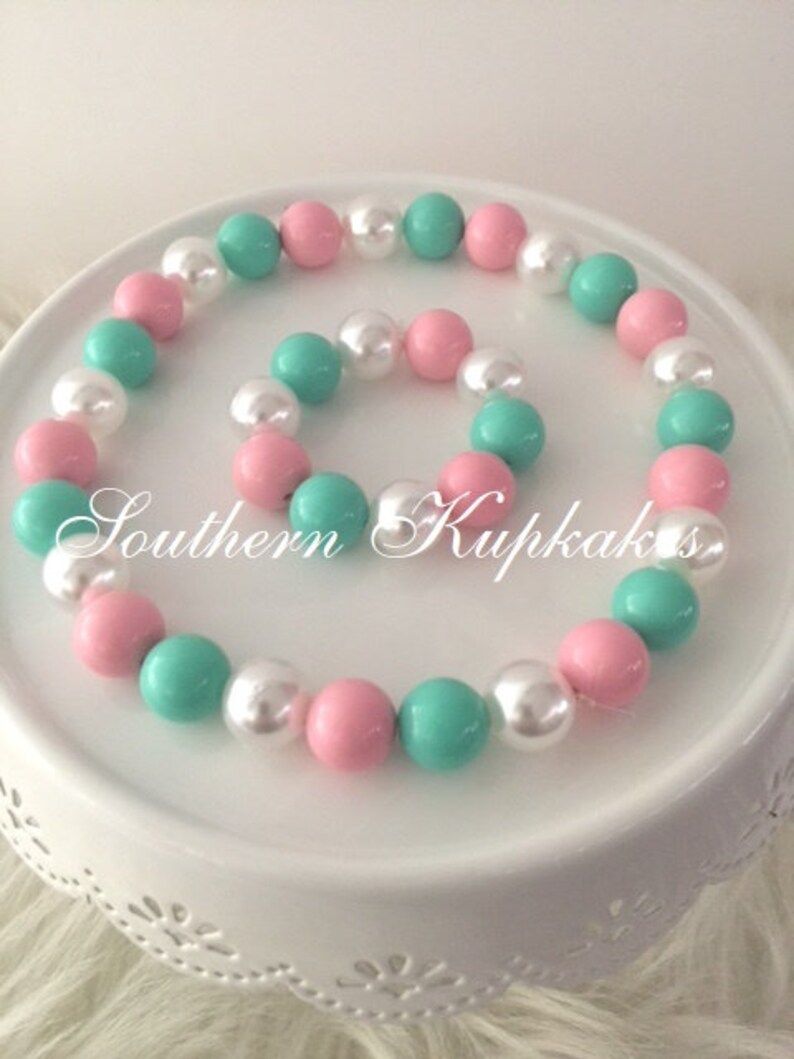 Girls Pink Mint Green Pearl Chunky Custom Made to Match Necklace Bracelet Bubblegum Jewelry Beaded Custom Pageant Boutique Gumball Pink Blue