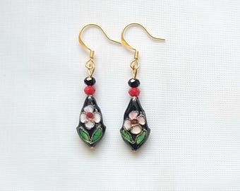 Cloisonné Flower Earrings, Asian Style Earrings