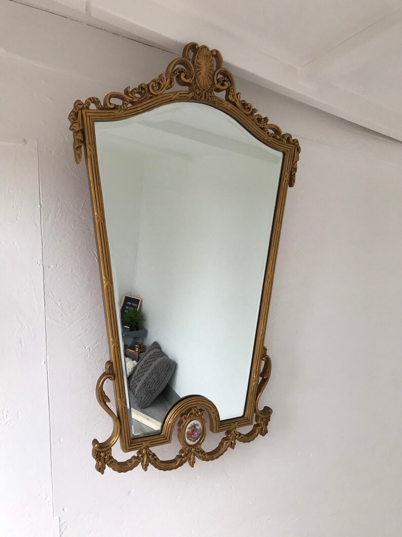 Large Gold Ornate Wood Plaster Mirror With Bevelled Glass Very Unusual