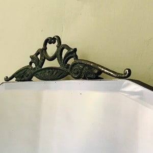 Art Deco Mirror, Vintage Art Deco Mirror, Frameless Mirror With Metal Crest And Ornate Metal Clasps. image 4