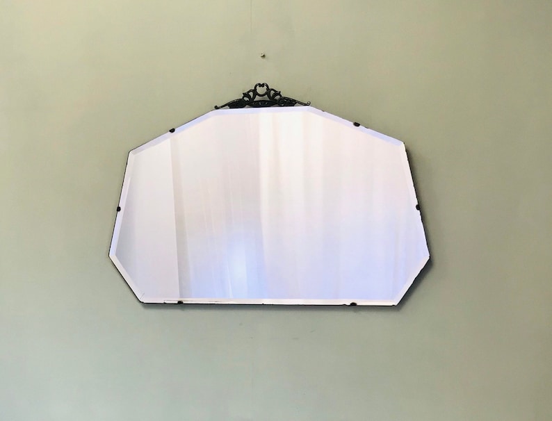 Art Deco Mirror, Vintage Art Deco Mirror, Frameless Mirror With Metal Crest And Ornate Metal Clasps. image 1