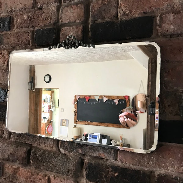 Lovely Frameless Art Deco Mirror - Aged Art Deco Mirror With Metal Crest, Foxing and Patina.