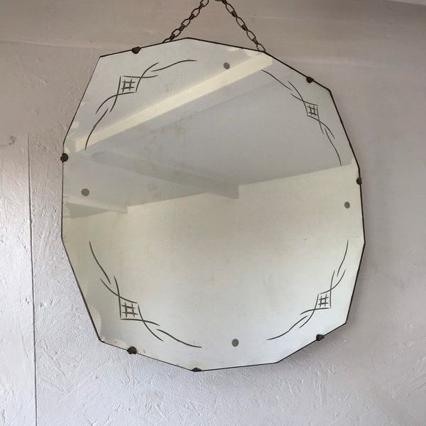 Lovely Frameless Hexagonal/Oval Art Deco Mirror With Etched Flowers - Aged Mirror.