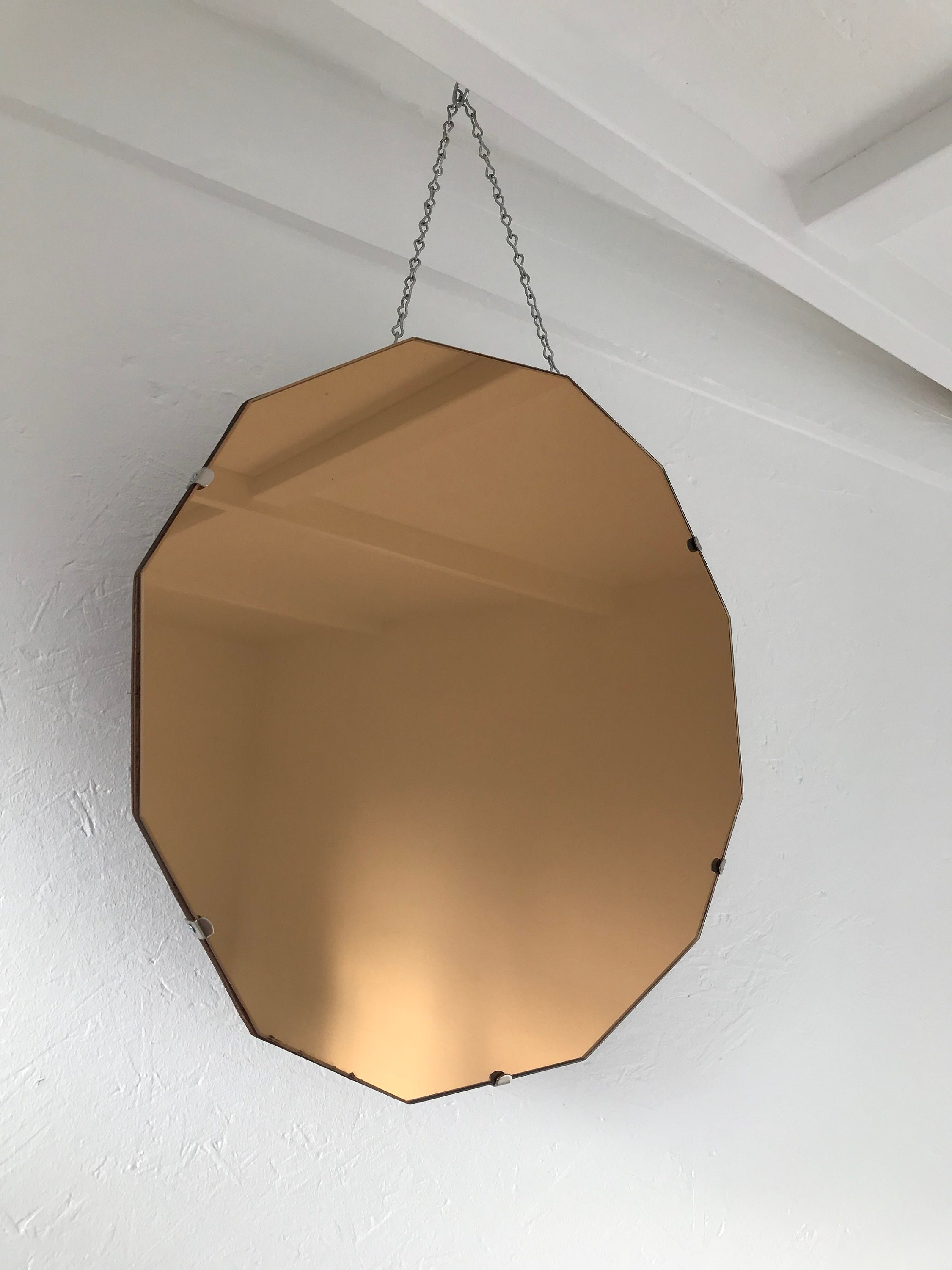 Restored 1940s Dark Rose Gold Mirror, Hexagonal Mirror, Tinted