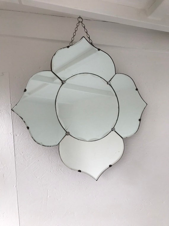 Vintage Star Flower Shaped Art Deco Mirror With Scalloped Glass And Patina Scratched