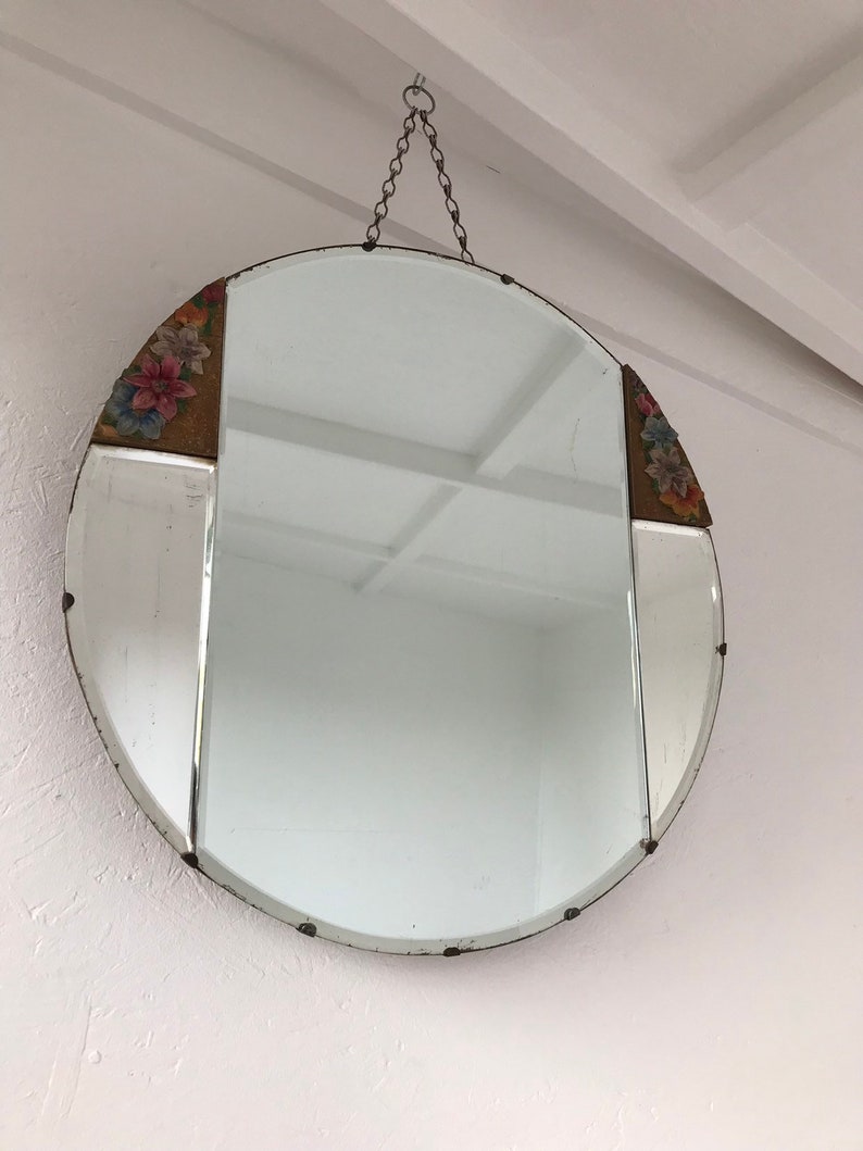 Lovely Art Deco Barbola Frameless Mirror With Flowers Very Rare Worn Aged