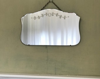 Art Deco Mirror, Vintage Art Deco Flower Mirror, Frameless Mirror With And Metal Clasps Aged