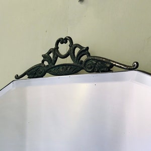 Art Deco Mirror, Vintage Art Deco Mirror, Frameless Mirror With Metal Crest And Ornate Metal Clasps. image 6