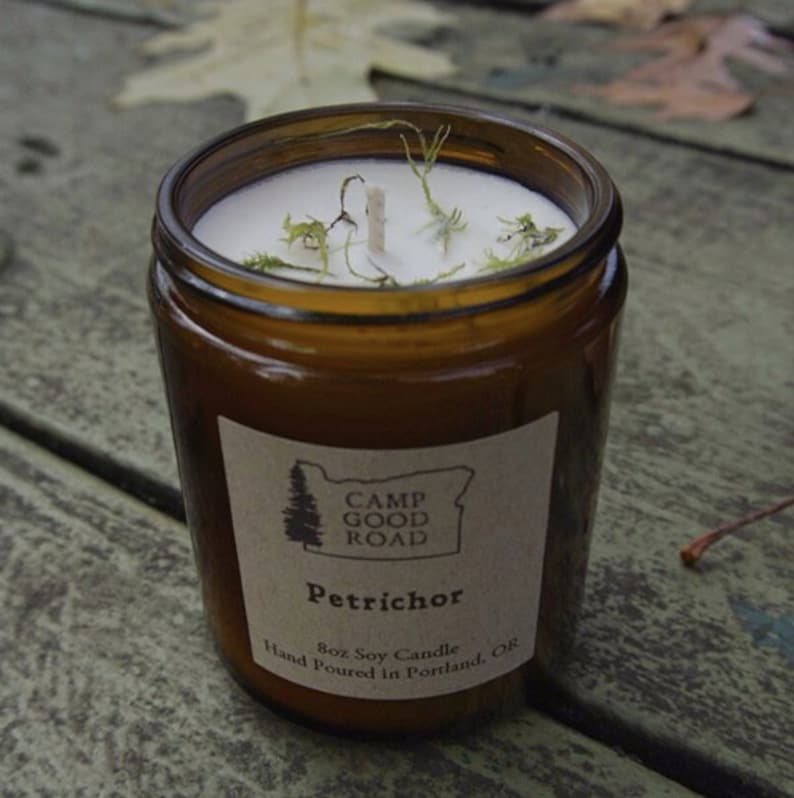 8oz PETRICHOR Scented Soy Candle Amber Glass Candle Etsy