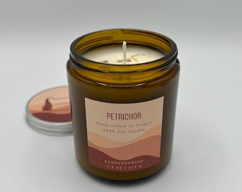 8oz PETRICHOR \ Scented Soy Candle \ Amber Glass Candle \ Container Candle