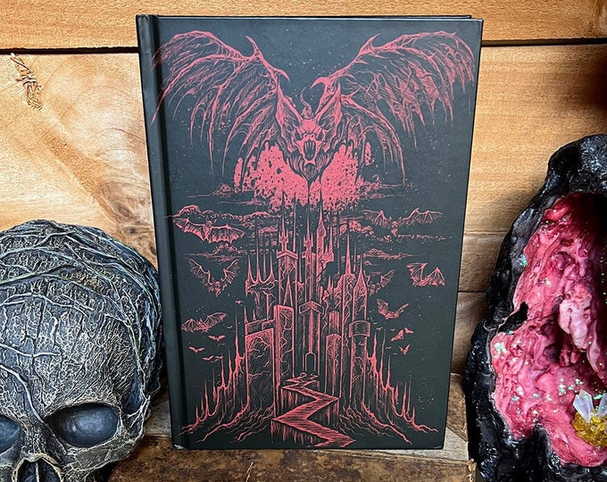 Gothic Vampire Journal, Red Bat Castle Art, 160 Lined Pages