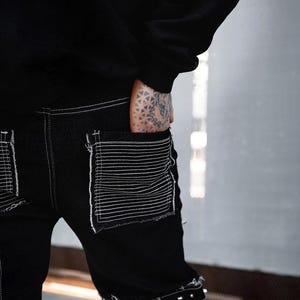 mens stitched shredded punk studded straight-leg  apocalyptic pants