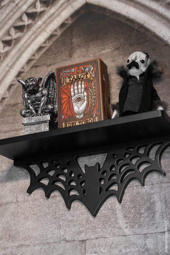 Bat Web Shelf – Gothic Recycled Wood Wall Decor, Spooky Home Accent