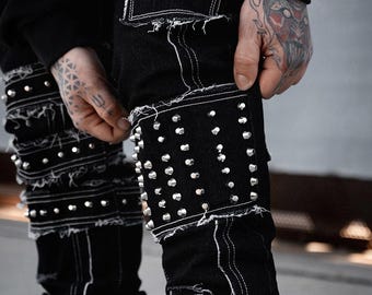 Men's Distressed Black Jeans with Silver Studs and Shredded Patches – Punk Style Denim