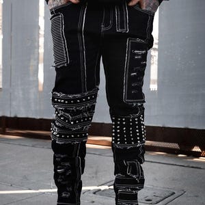 mens shredded punk studded straight-leg black cotton pants