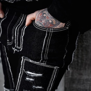 mens shredded punk studded straight-leg black and white apocalyptic pants
