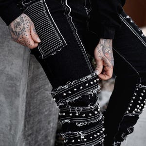 mens shredded punk studded straight-leg  patch pants