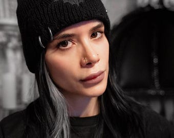 Distressed Pierced Beanie [Black Bat]