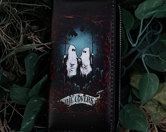 Gothic Ghost Wallet – Vegan Leather Card Holder, Double-Sided Print, Silver Zip