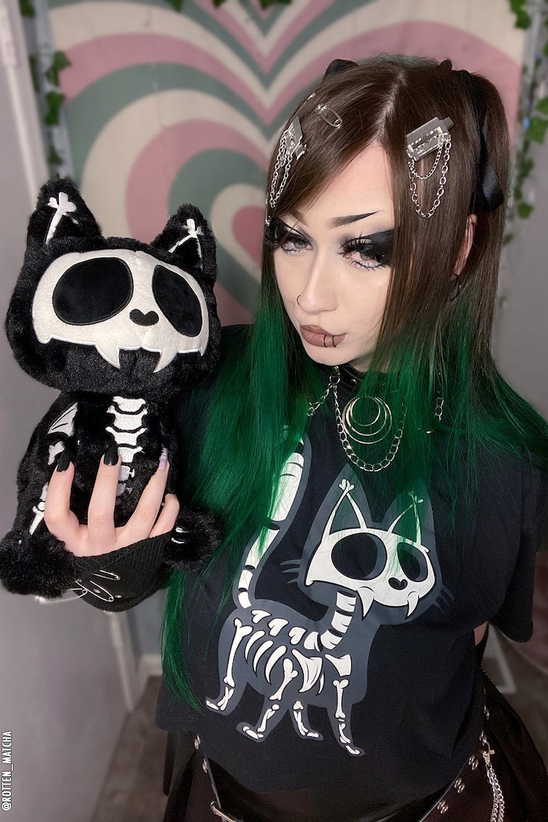 May include: A person with green and brown hair is wearing a black t-shirt with a skeleton cat graphic. They are holding a black plush skeleton cat toy. The person is wearing a silver chain necklace and has multiple silver safety pin hair clips with chains.