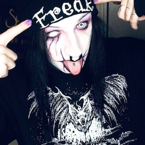 Freak Beanie - Ghostly White Embroidered Text, Knitted Black Acrylic