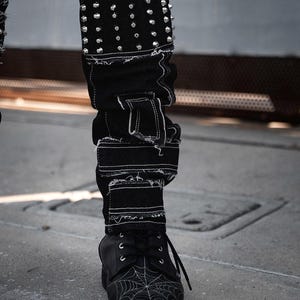 mens shredded rocker black punk studded straight-leg  apocalyptic pants
