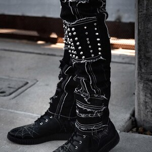 mens shredded punk studded straight-leg  apocalyptic pants