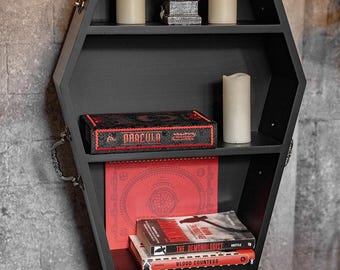 Gothic Coffin Shelf – 3ft Tall, Black MDF, Antique Brass Handles, Spooky Decor