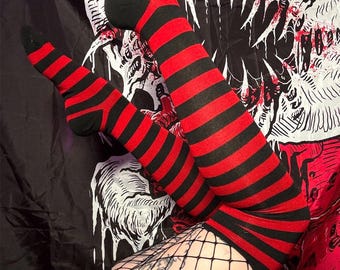 Gothic Red & Black Fishnet Garter Thigh High Socks