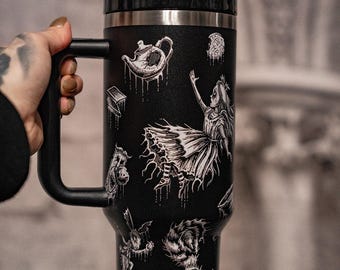Alice in Wonderland 40oz Gothic Tumbler – Insulated Stainless Steel Goth Drinkware, Leakproof Dark Gift