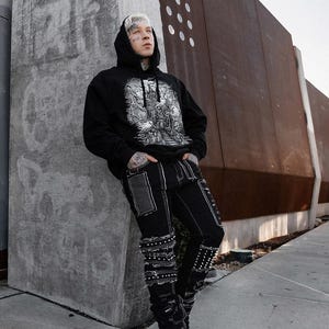 mens shredded punk studded straight-leg distressed jeans