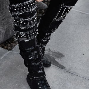mens shredded punk studded straight-leg  patch jeans