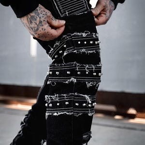 mens shredded grunge goth studded straight-leg  apocalyptic pants