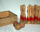Antique Milton Bradley Co. Ten Pins Wooden Miniature Bowling Game Complete in Box