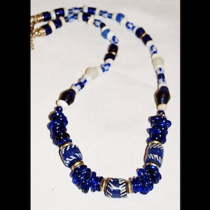 Tribal African Trade Bead Necklace, Cobalt Blue, White Glass ,Shells and sliver , Handcrafted one of a kind