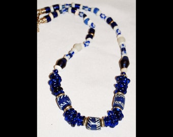 Tribal African Trade Bead Necklace, Cobalt Blue, White Glass ,Shells and sliver , Handcrafted one of a kind