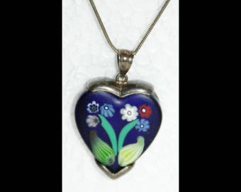 Millefiori tm Sterling Silver Blue Heart with flowers necklace on long sterling chain.