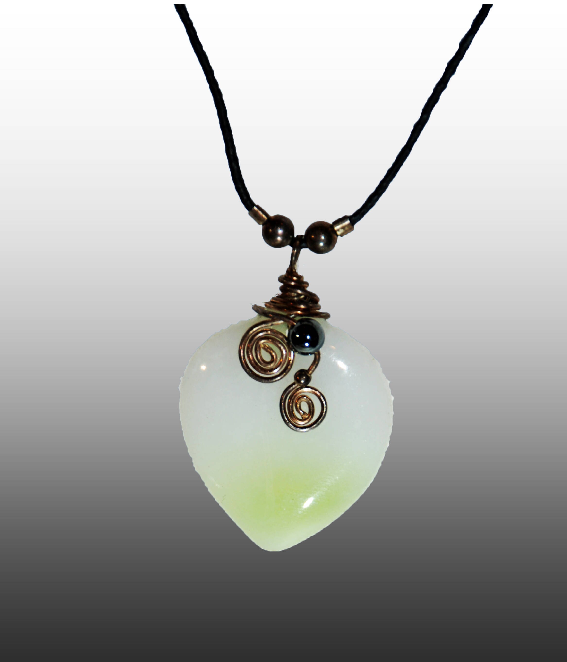 Jadeite Heart Necklace 2-tone green white Jadeite & Hematite, sterling wire wrap on leather rope