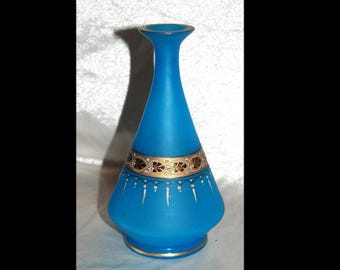 Blue Satin Glass Vase with Gold & Enameling Trim