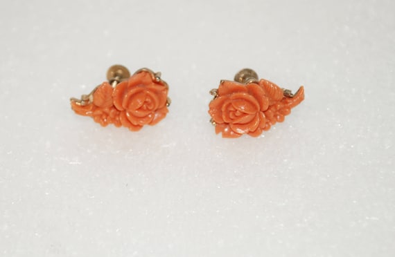 Carved Roses Coral Lucite Screw Back Earrings - image 1