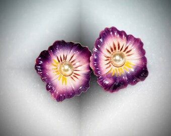 Lovely  large Sterling Vermeil Enamel Pansy Earrings Purple