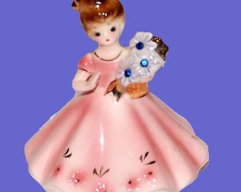 Vintage Josef Originals Girl in Pink Dress with Three Flowers with Rhinestones