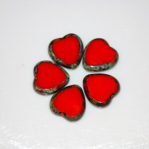 Czech Glass Beads Heart 15mm  Opaque HOT  Red Picasso Lot of 5