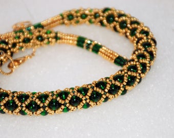 Green and Gold Beaded Netted  Rope Necklace One of a Kind Original Designer