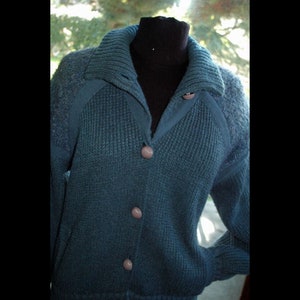 Vintage Hand Knit Wool Cardigan Sweater Jacket , Blue, big buttons and curly knit