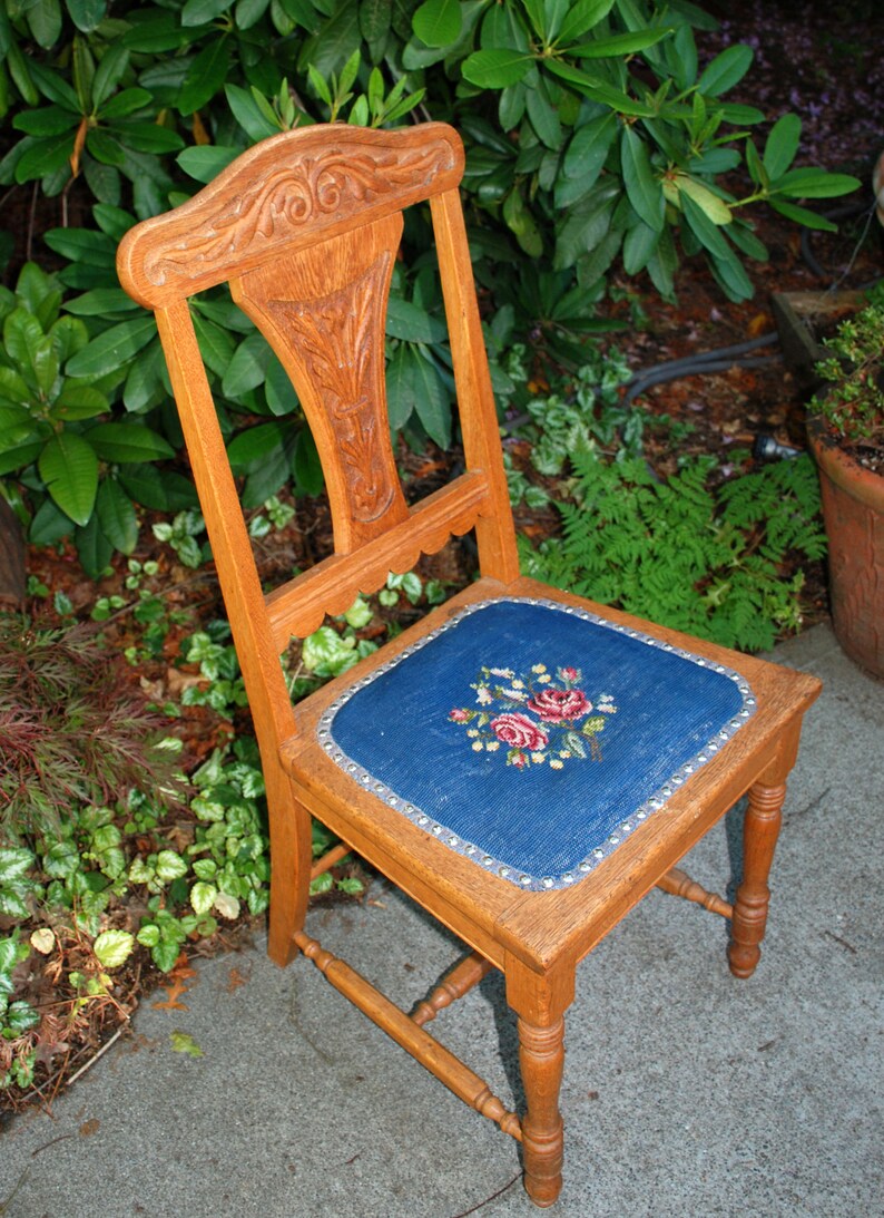 Antique Oak Chair Carved Back With Needlepoint Seat Dated 1876 Etsy
