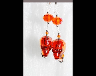 Day of the Dead Sterling Silver Skull & Gothic Cross earrings “Red Magma” Swarovski Crystal Dangles,