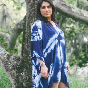 Navy Blue Shibori Plus Tunic//Indigo Shibori Plus Size Dress// Plus Size Tie Dye Dress// Plus Size Tunic//Plus Size Cover Up//Poncho image 2