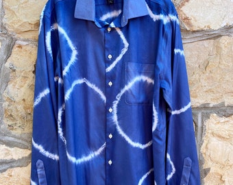 Upcycled men’s Pronto Uomo 100% cotton modern fit size 16 1/2 x 36/37 tall Long sleeve button down sky blue tie-dye shirt