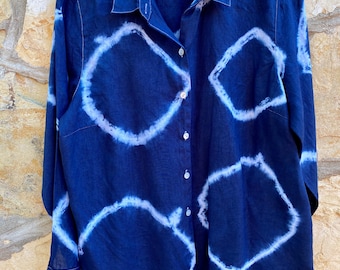 Upcycled J Jill linen medium petite navy blue tie-dye button-down